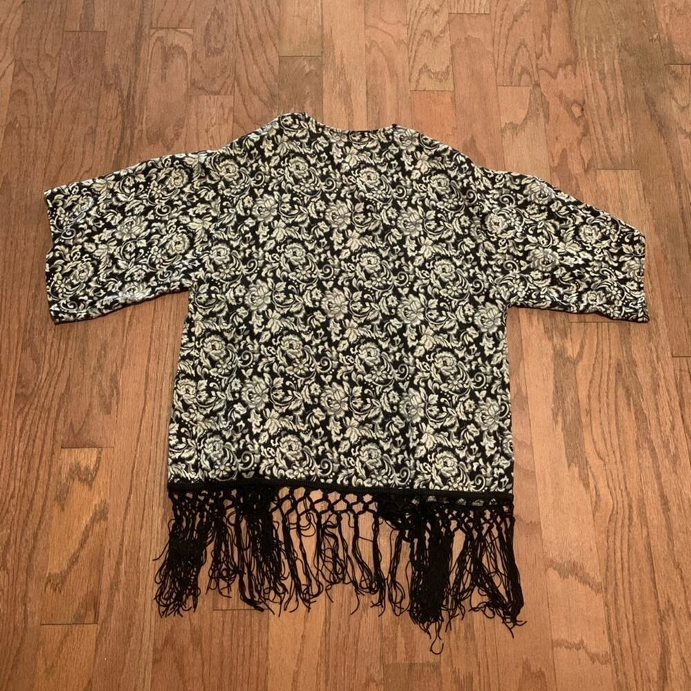 Womens Black Beige Floral Damask Fringe Kimono Cardigan Open Front Rayon S J1906 - Picture 2 of 8